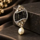 Black Leaf Shaped Pearl Drop Earrings