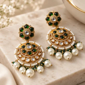 Emerald Pearl Beaded Chandbali Earrings