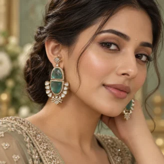 Sea Green Stone Kundan Polki Earrings