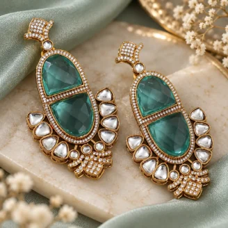 Sea Green Stone Kundan Polki Earrings