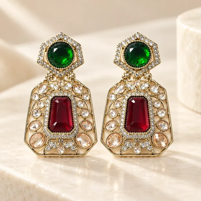 Green & Red Gemstone Statement Earrings