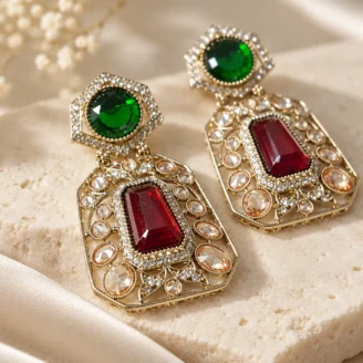 Green & Red Gemstone Statement Earrings
