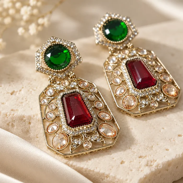 Green & Red Gemstone Statement Earrings