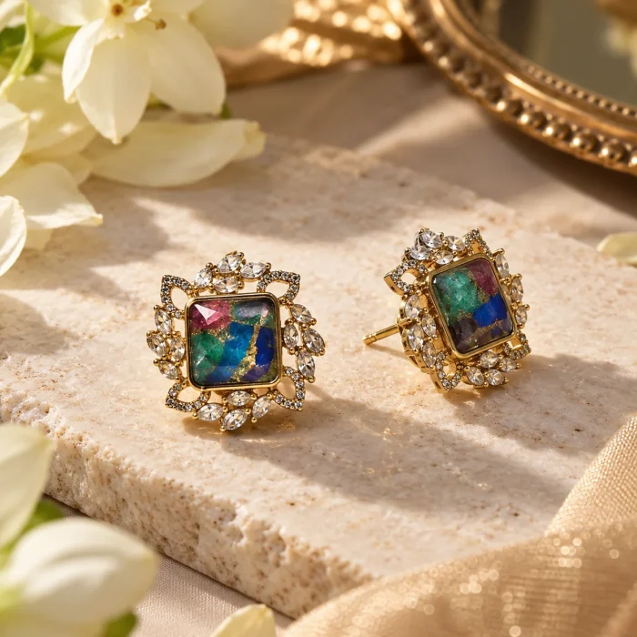 Dual Color Stone Floral Stud Earrings Dual Color Stone Floral Stud Earrings