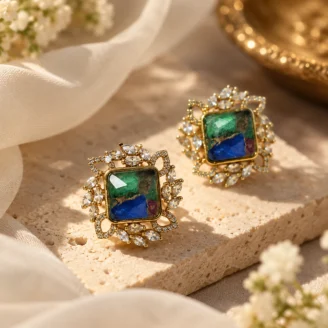Dual Color Stone Floral Stud Earrings
