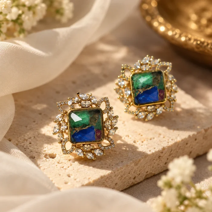 Dual Color Stone Floral Stud Earrings Dual Color Stone Floral Stud Earrings