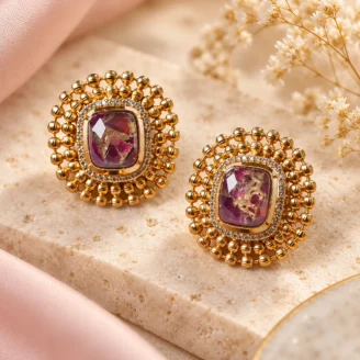 Golden Beaded Stud Earrings