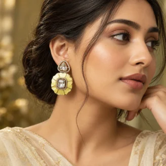Yellow Enamel Kundan Stud Earrings