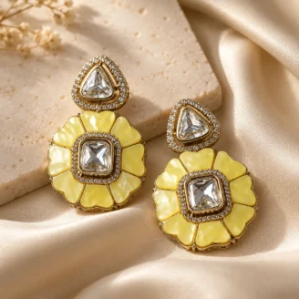 Yellow Enamel Kundan Stud Earrings